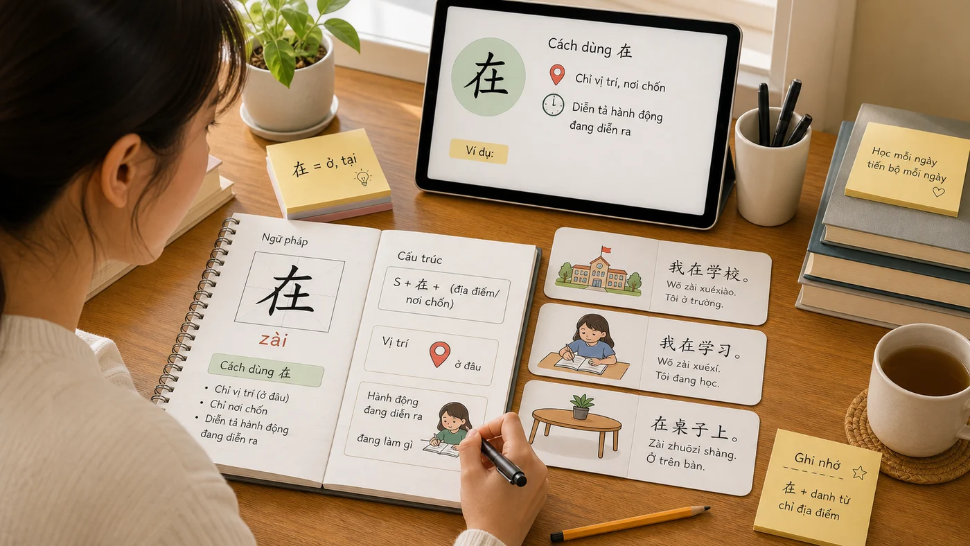 Cách dùng 在 trong tiếng Trung: phân biệt ở, đang và tại