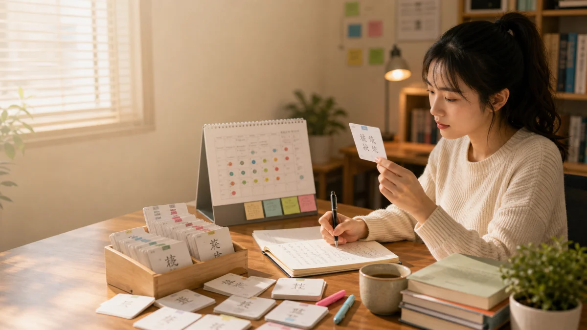 Học viên ôn chữ Hán bằng flashcard và lịch lặp lại ngắt quãng
