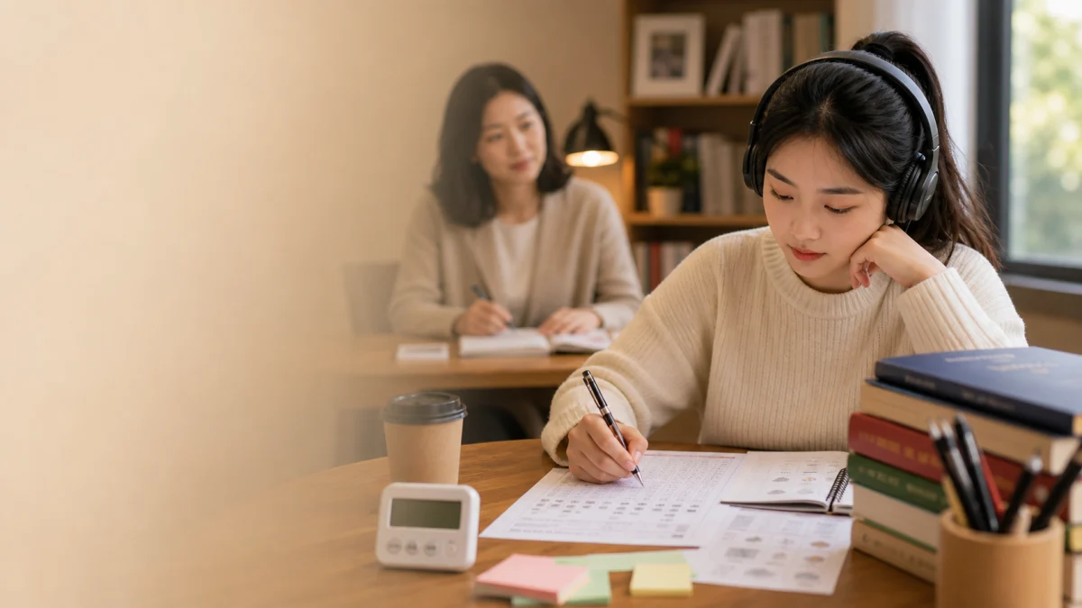 Học viên luyện nghe đề thi HSK 4 với tai nghe và đề thi thử