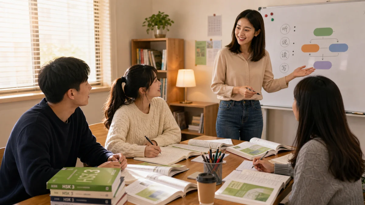 Lớp học HSK 3 ôn ngữ pháp và từ vựng trong phòng học ấm áp