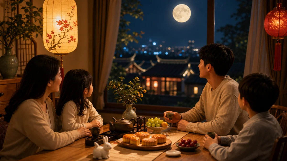 Không gian Tết Trung Thu với trăng tròn, bánh trung thu, trà và đèn lồng