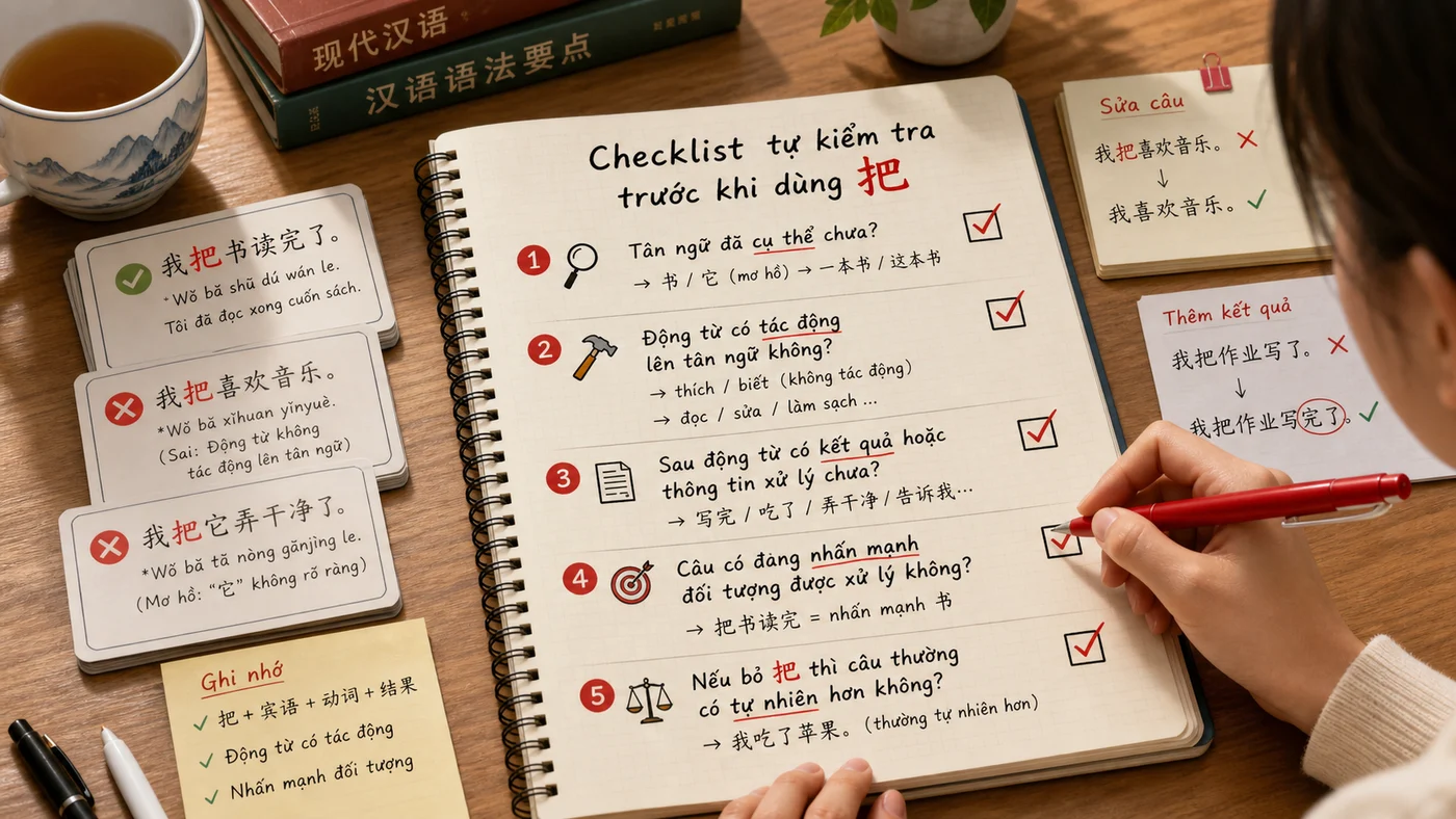 Checklist kiểm tra lỗi thường gặp khi dùng câu 把 trong tiếng Trung