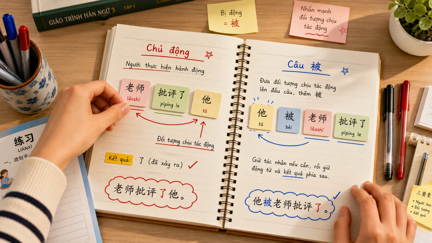 Bảng minh họa chuyển câu chủ động sang câu 被 trong tiếng Trung