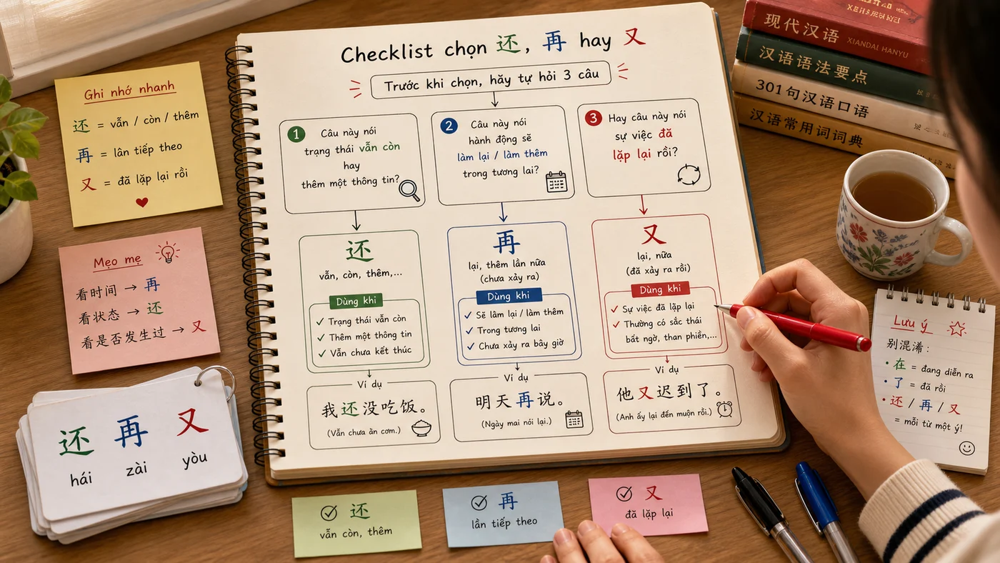 Checklist chọn 还 再 又 trong câu tiếng Trung