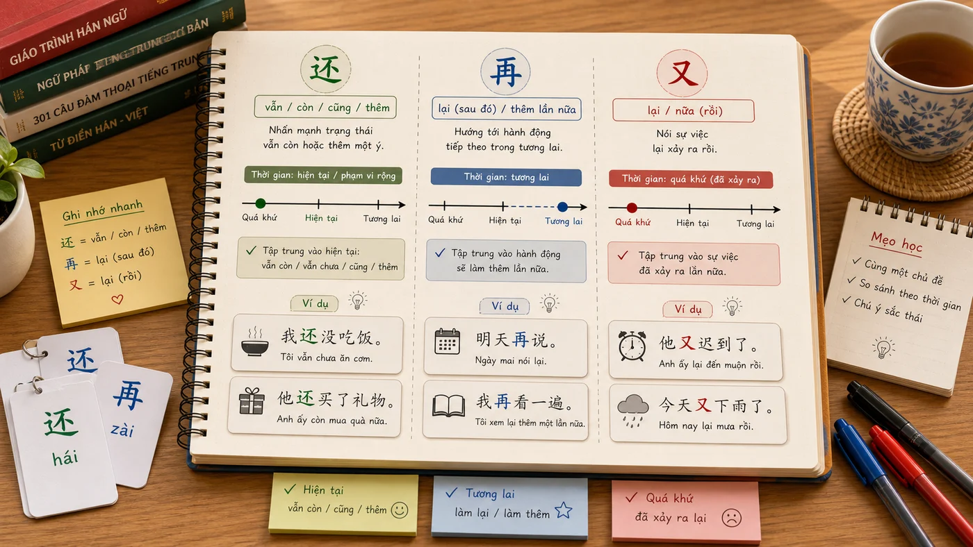 Bảng so sánh cách dùng 还 再 又 trong tiếng Trung theo thời gian và sắc thái