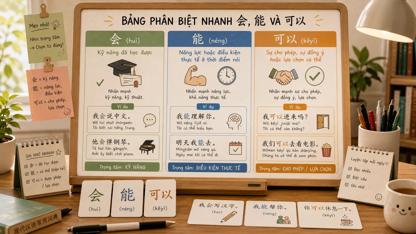 Bảng so sánh cách dùng 会 能 可以 theo kỹ năng điều kiện và sự cho phép