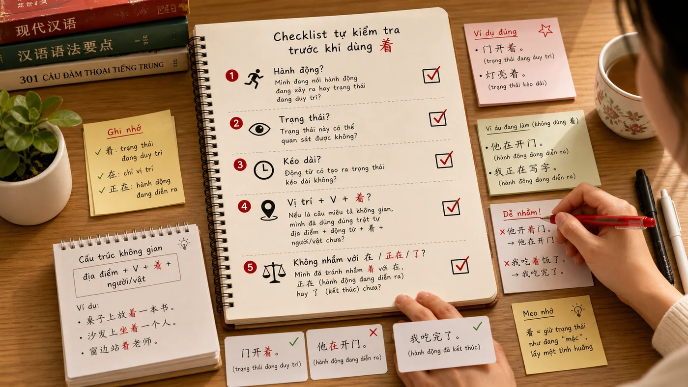 Checklist kiểm tra cách dùng 着 trong tiếng Trung