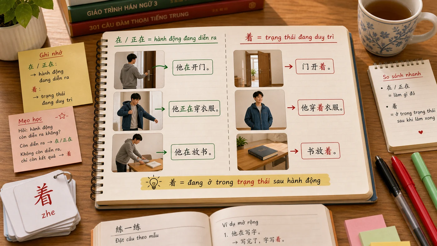 Bảng phân biệt 在 và 着 trong tiếng Trung qua hành động và trạng thái