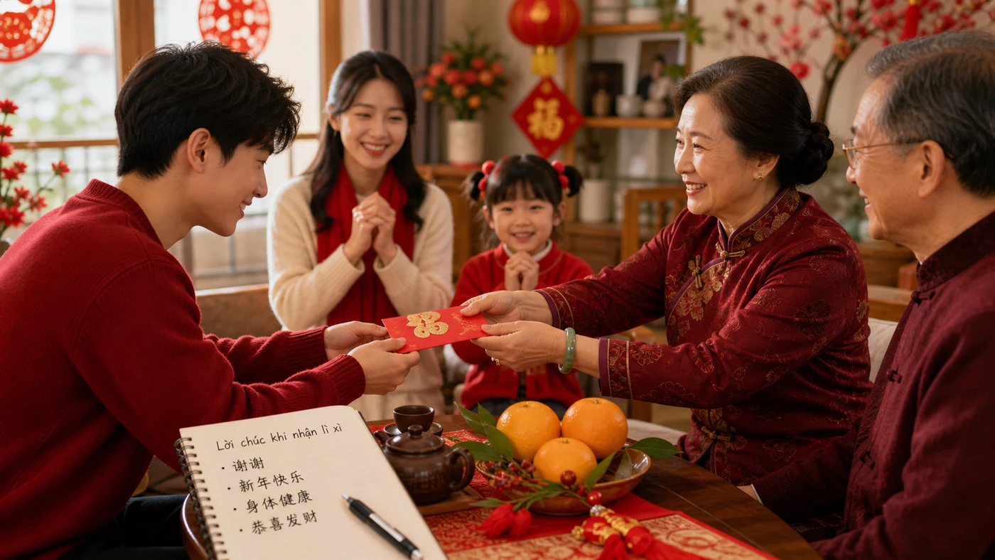 Người trẻ nhận bao lì xì bằng hai tay và chúc Tết bằng tiếng Trung