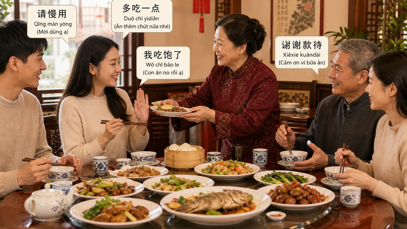Văn hóa bàn ăn Trung Quốc: phép lịch sự, mời ăn và từ vựng cần biết minh họa cách luyện phản xạ