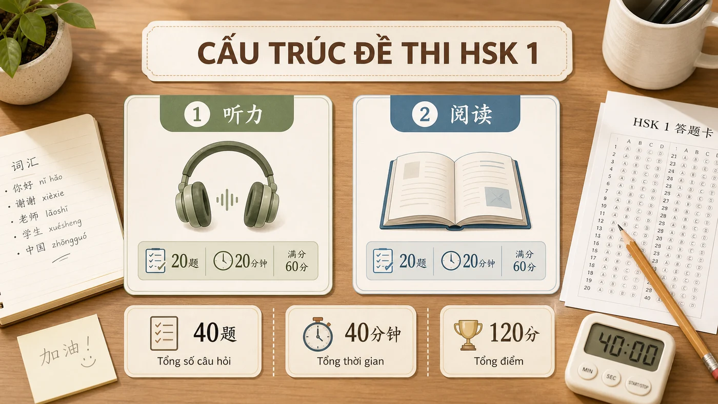 Cấu trúc đề thi HSK 1 gồm phần nghe và đọc