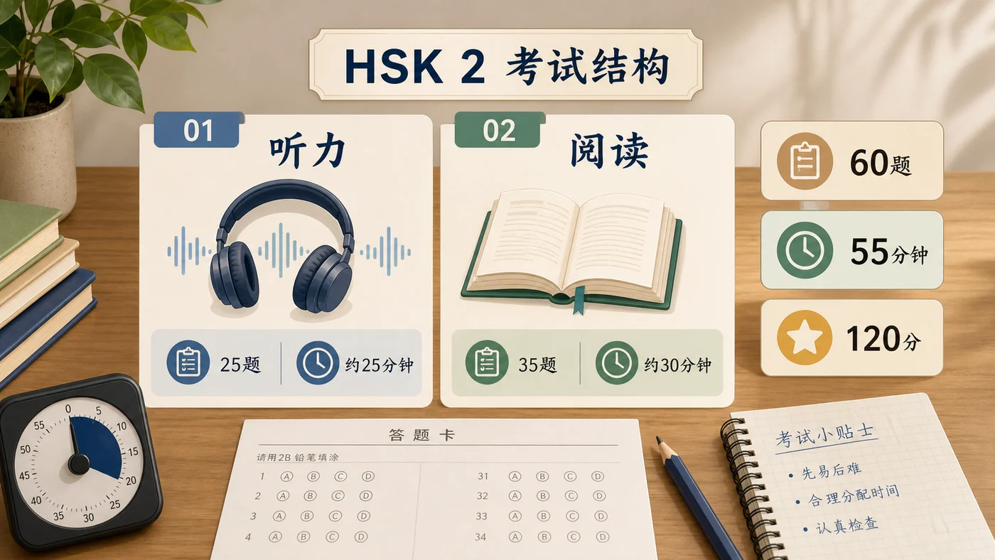Cấu trúc đề thi HSK 2 gồm phần nghe và phần đọc