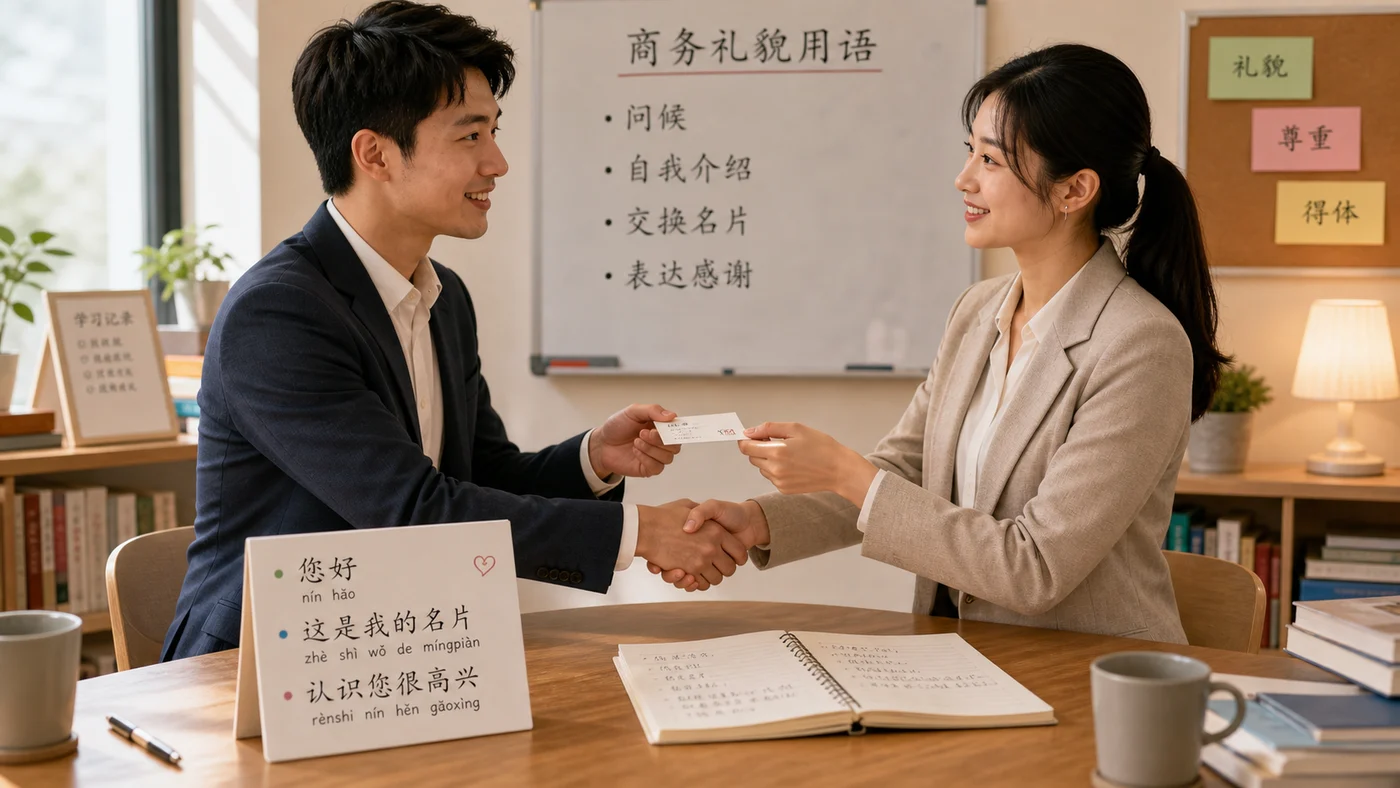 Hai người trong bối cảnh công việc chào hỏi lịch sự, bắt tay nhẹ và trao danh thiếp bằng hai tay