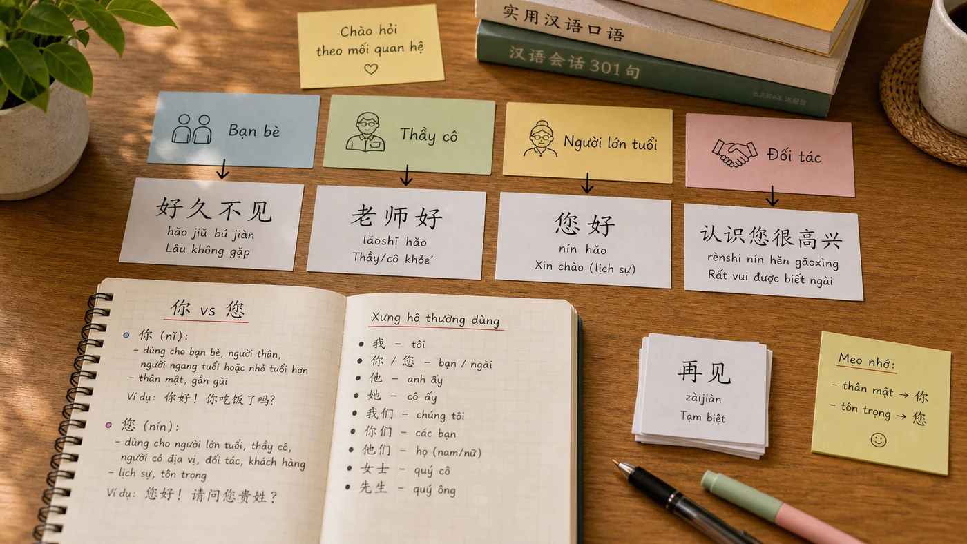 Người học tiếng Trung luyện các câu chào theo từng tình huống như thầy cô, bạn bè và đối tác