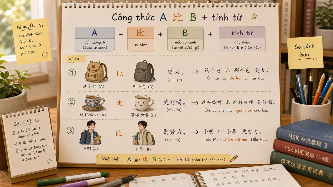 Công thức A 比 B cộng tính từ trong tiếng Trung