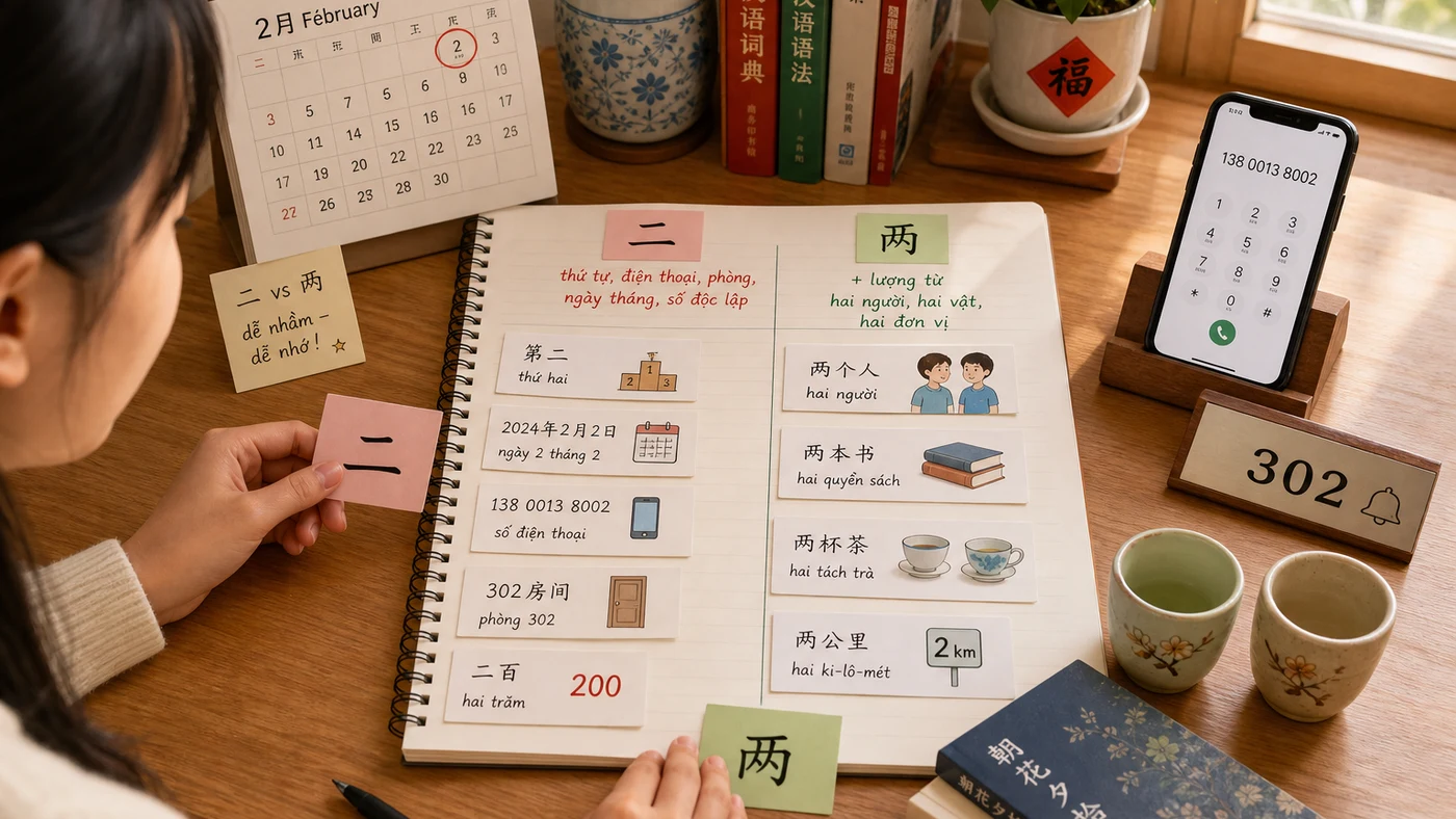 Bàn học minh họa cách phân biệt 二 và 两 theo số đếm và lượng từ