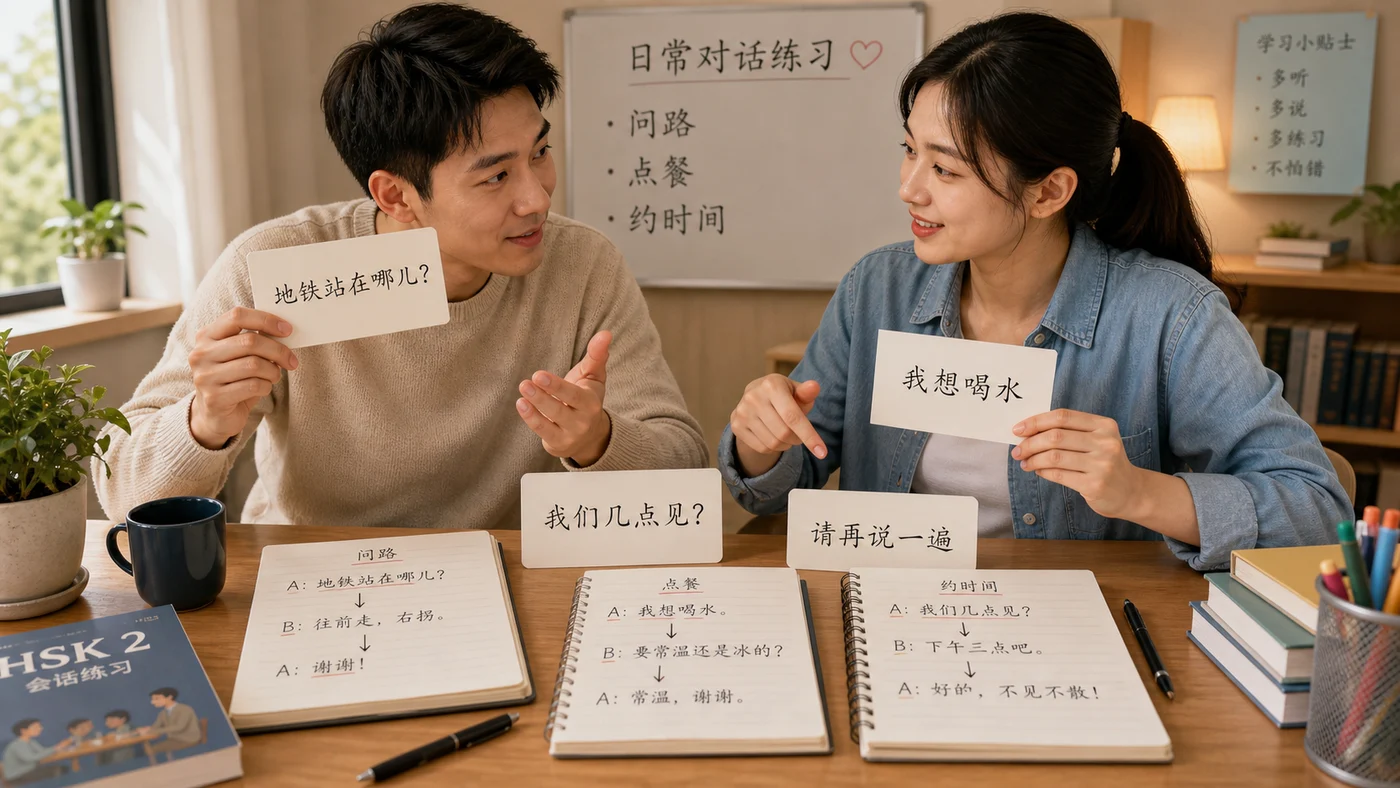 Hai người học tiếng Trung luyện hội thoại hỏi đường, hẹn gặp và gọi món bằng thẻ mẫu câu