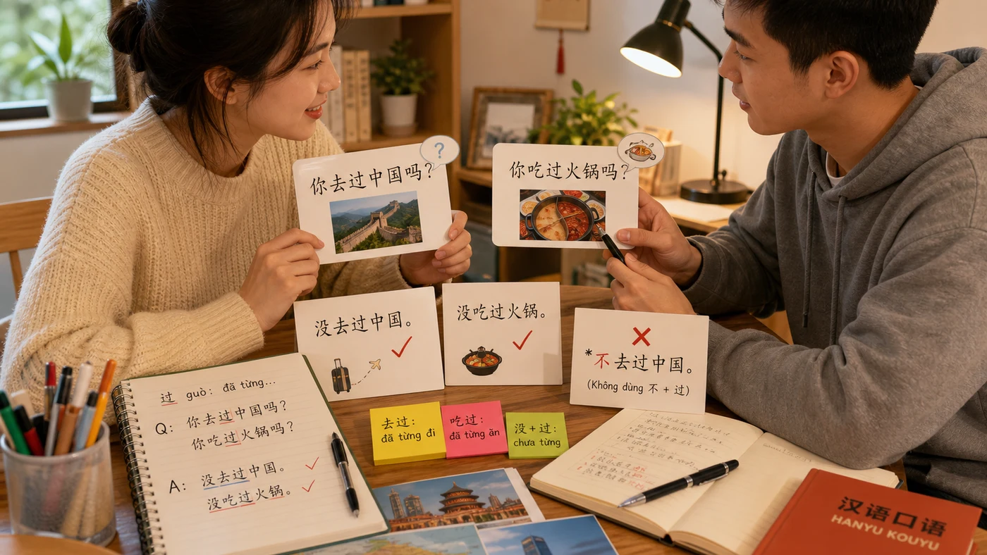 Hai người luyện hỏi và phủ định trải nghiệm với 过 trong tiếng Trung