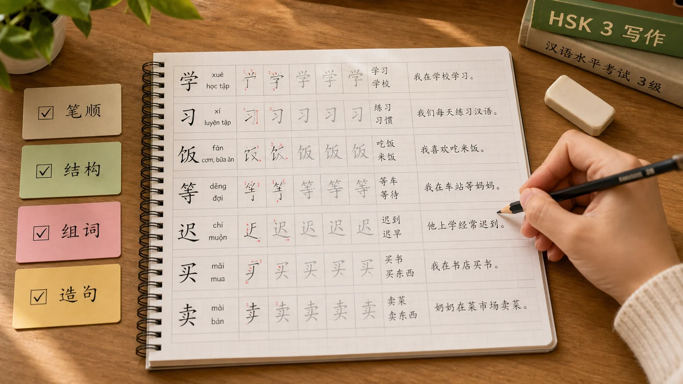 Vở luyện viết chữ Hán HSK 3 có ô ly, pinyin, thứ tự nét và câu ví dụ ngắn