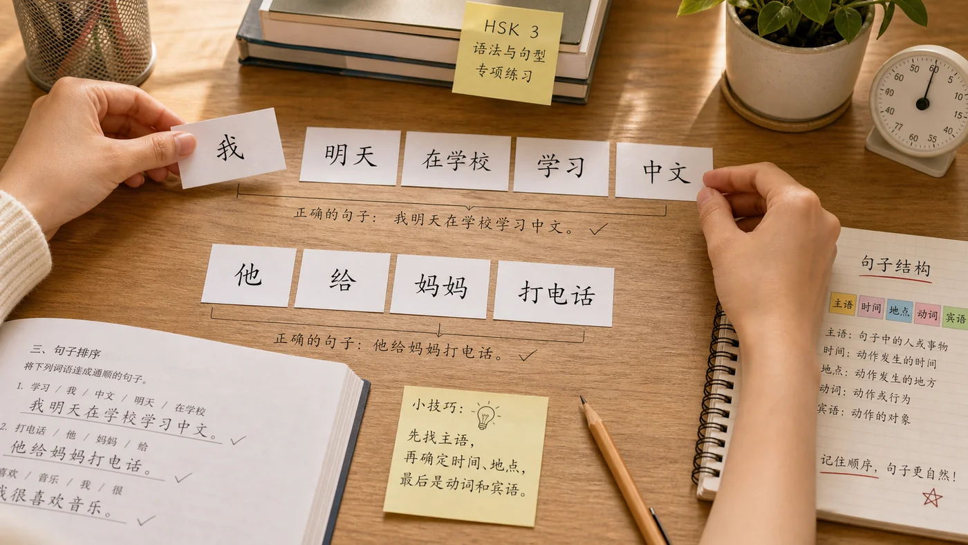 Người học HSK 3 sắp xếp thẻ từ tiếng Trung thành câu đúng thứ tự