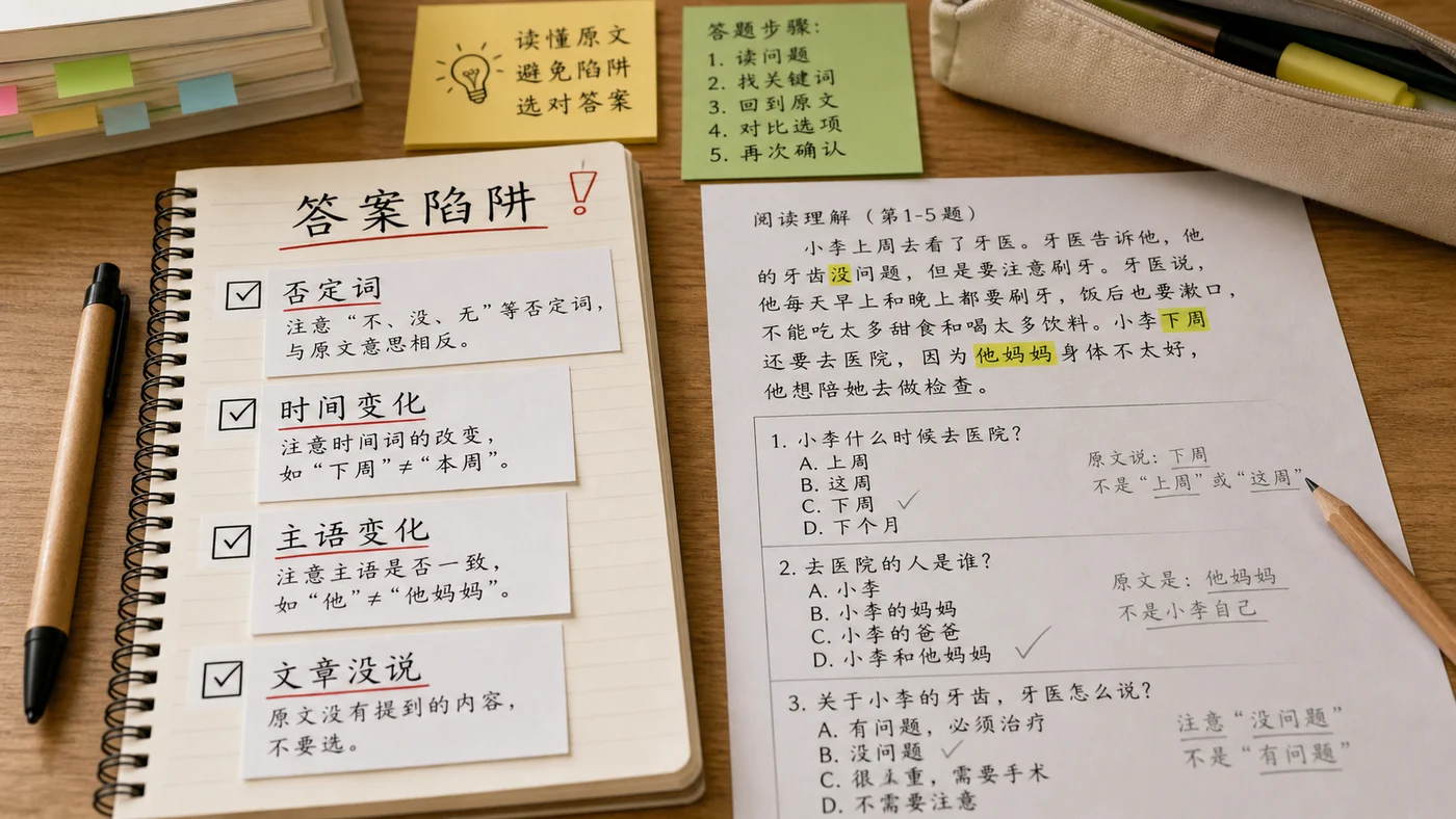 Bảng ghi chú các bẫy đáp án HSK 4 phần đọc như phủ định, thời gian, chủ thể và thông tin ngoài bài
