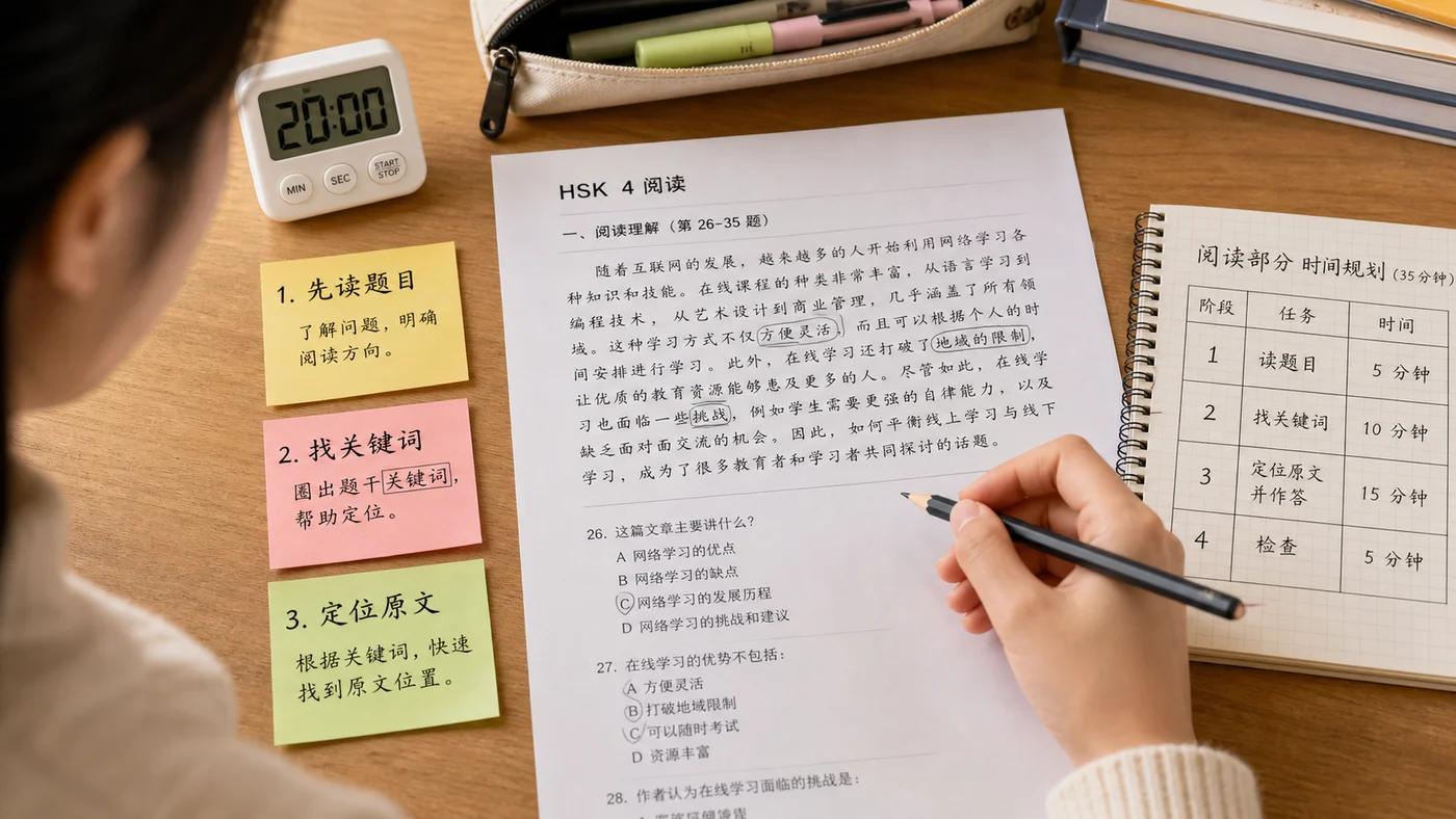 Người học HSK 4 dùng bút và đồng hồ để chia thời gian cho từng nhóm câu phần đọc