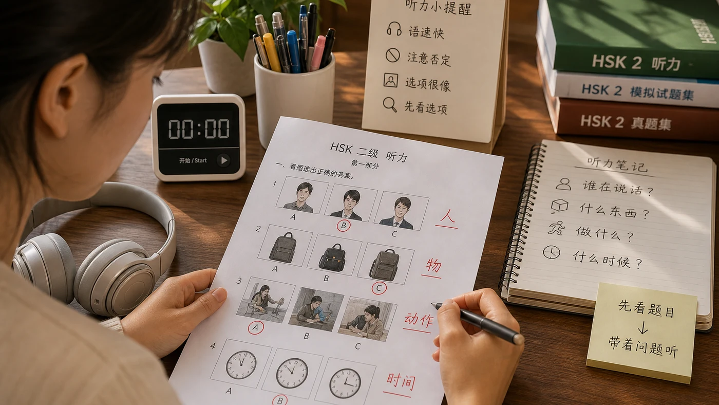 HSK 2 phần nghe: cách luyện nghe câu ngắn và tránh mất điểm minh họa phần kiến thức cốt lõi