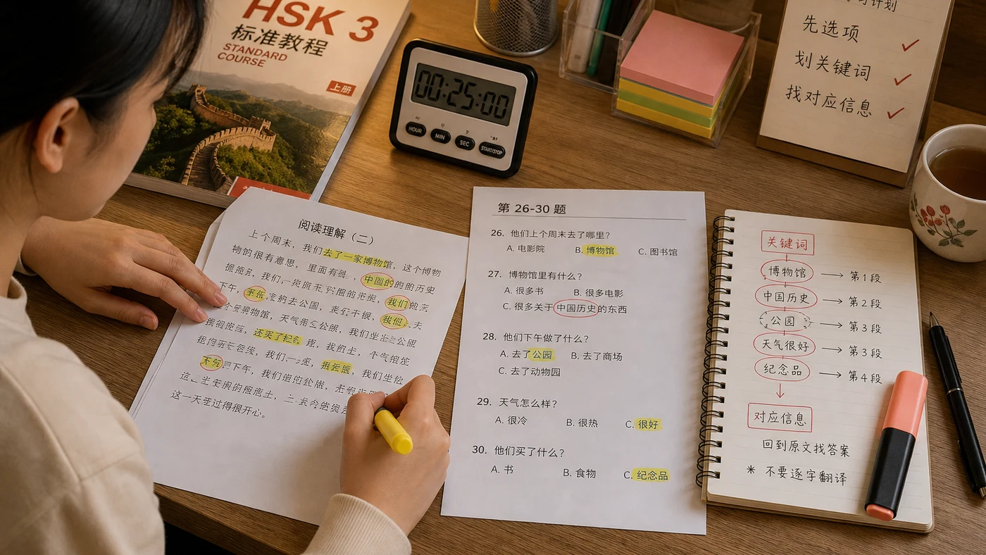 HSK 3 phần đọc: cách đọc nhanh, bắt từ khóa và chọn đáp án minh họa phần kiến thức cốt lõi