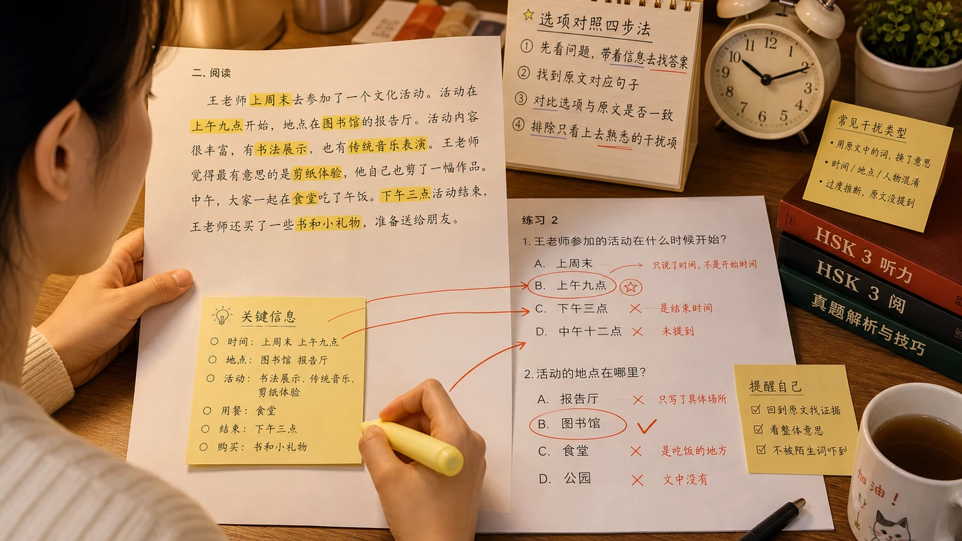 HSK 3 phần đọc: cách đọc nhanh, bắt từ khóa và chọn đáp án minh họa cách luyện phản xạ