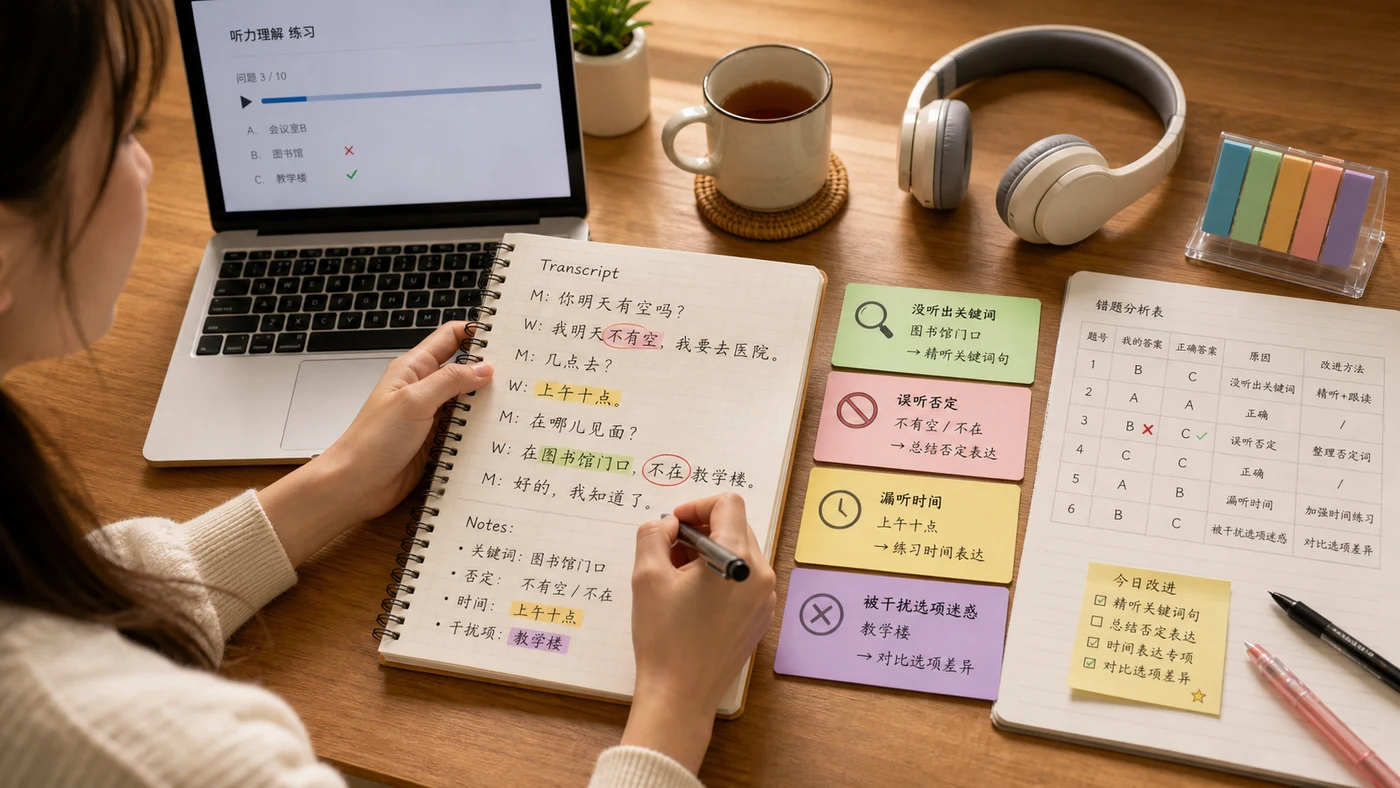 Người học dùng transcript để phân loại lỗi nghe HSK 3