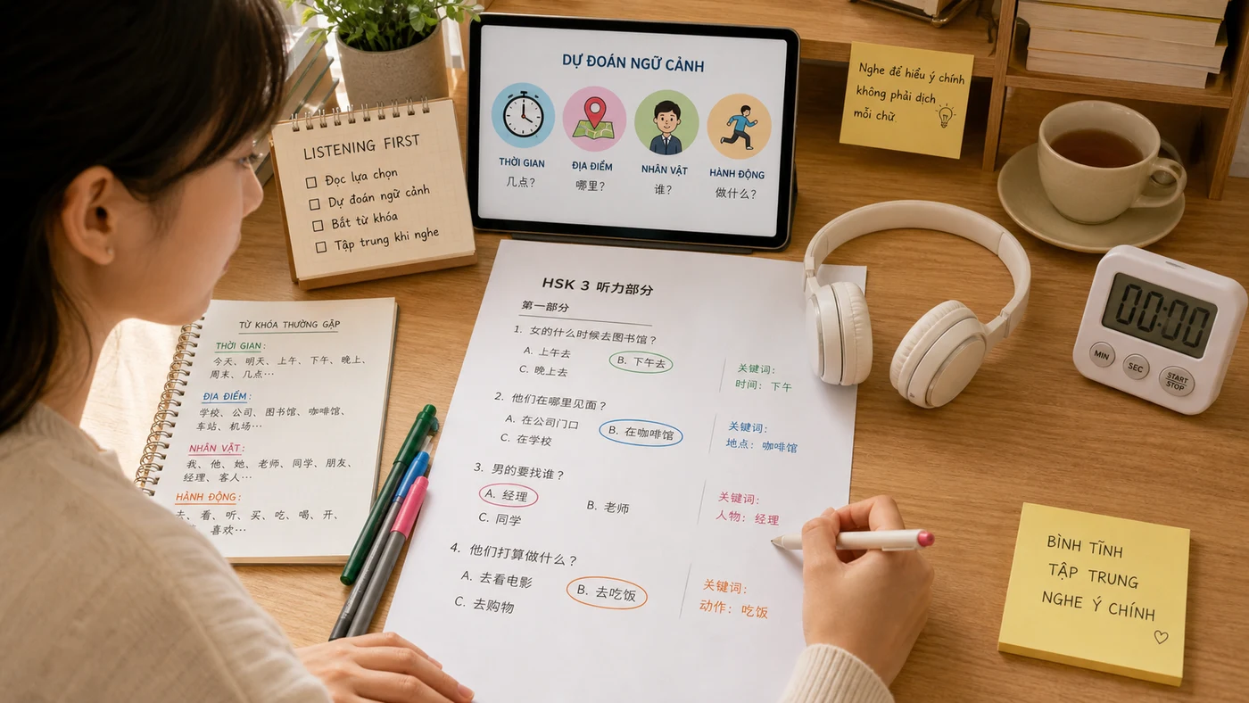 Người học khoanh từ khóa trong lựa chọn trước khi nghe HSK 3