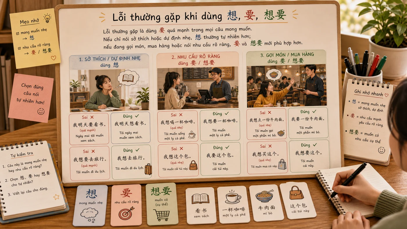 Minh họa lỗi dùng 要 quá mạnh thay cho 想 và 想要 trong tiếng Trung