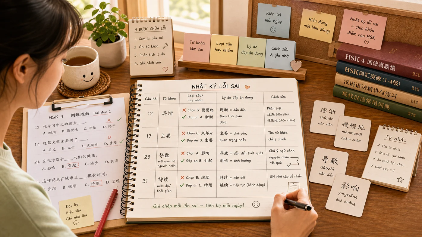 Nhật ký lỗi sai sau khi luyện đọc HSK với từ khóa và lý do chọn đáp án