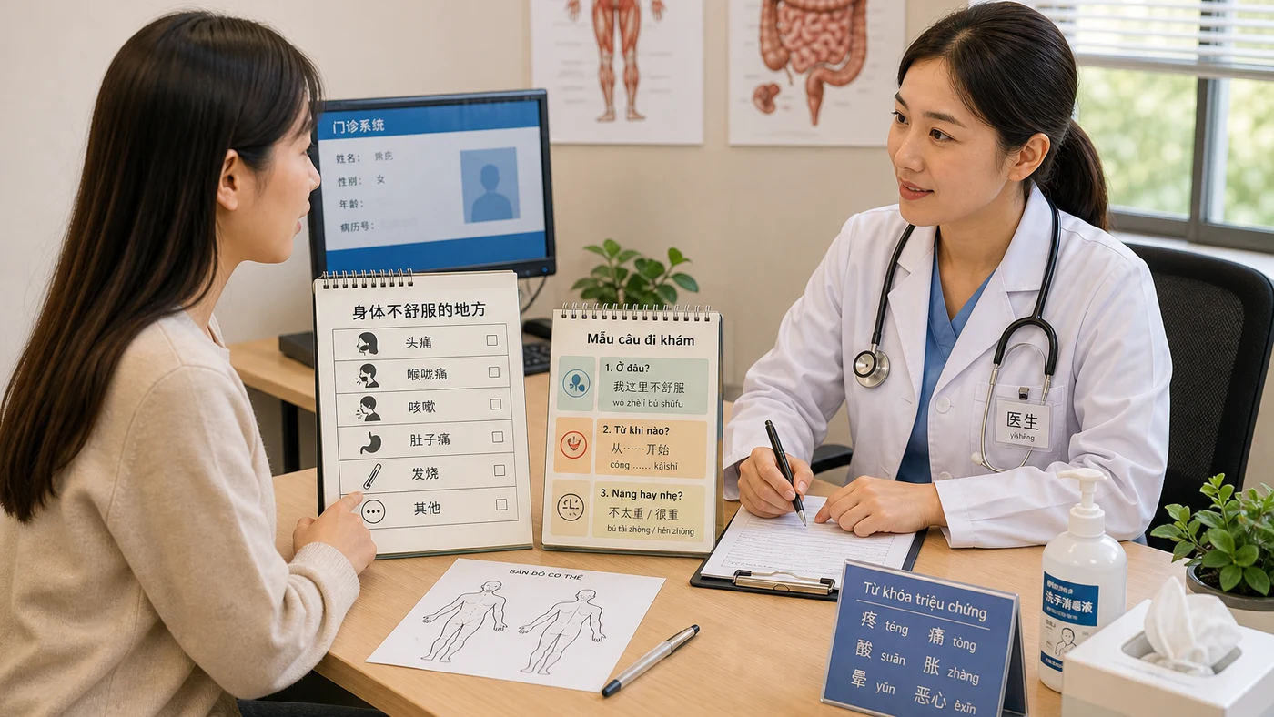 Từ vựng tiếng Trung về sức khỏe: triệu chứng, khám bệnh và mua thuốc minh họa cách luyện phản xạ