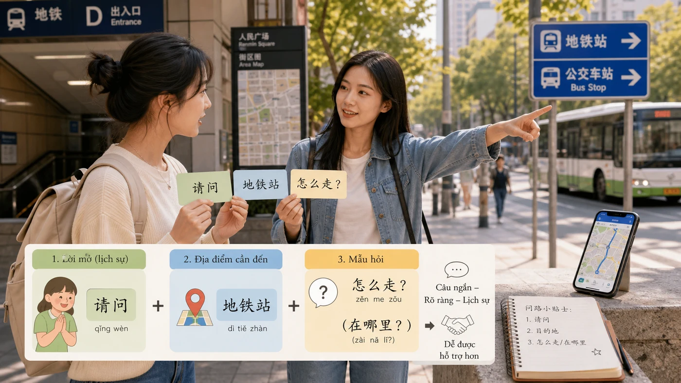Người học dùng mẫu câu lịch sự để hỏi đường bằng tiếng Trung