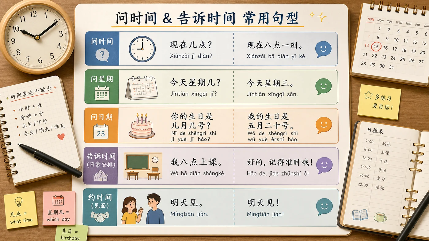 Mẫu câu hỏi giờ và ngày tháng bằng tiếng Trung