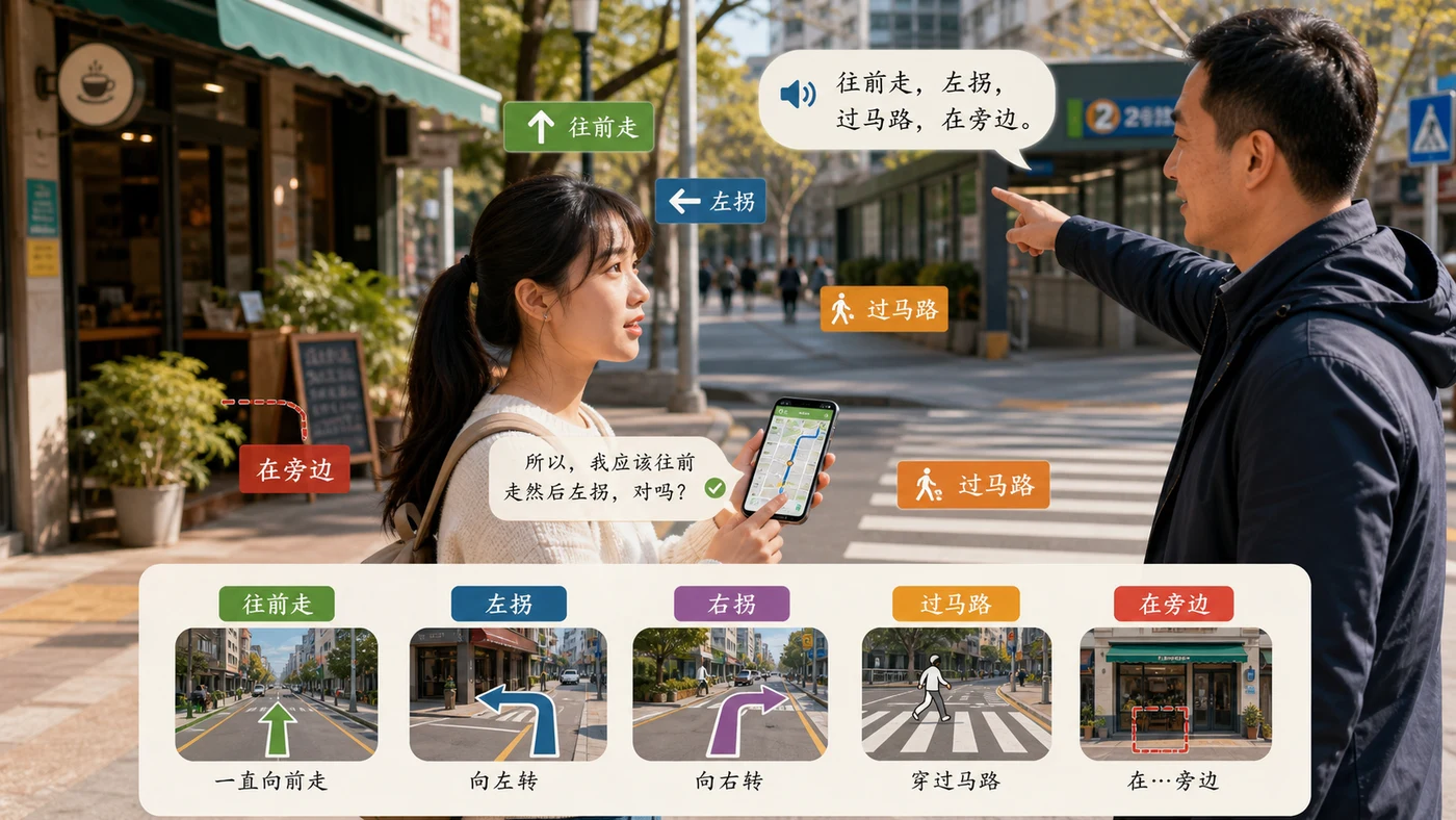 Người học nghe từ khóa chỉ hướng và xác nhận lại tuyến đường