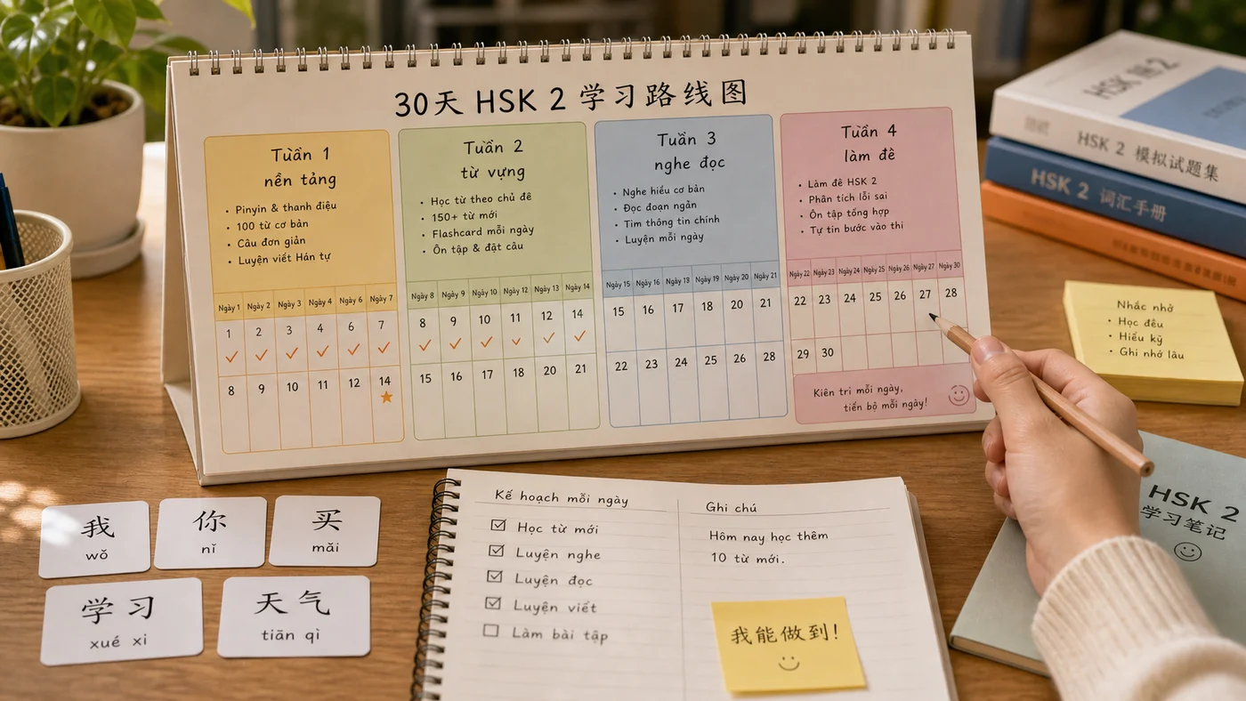 Lịch học 30 ngày ôn HSK 2 chia theo tuần với từ vựng, nghe, đọc và làm đề