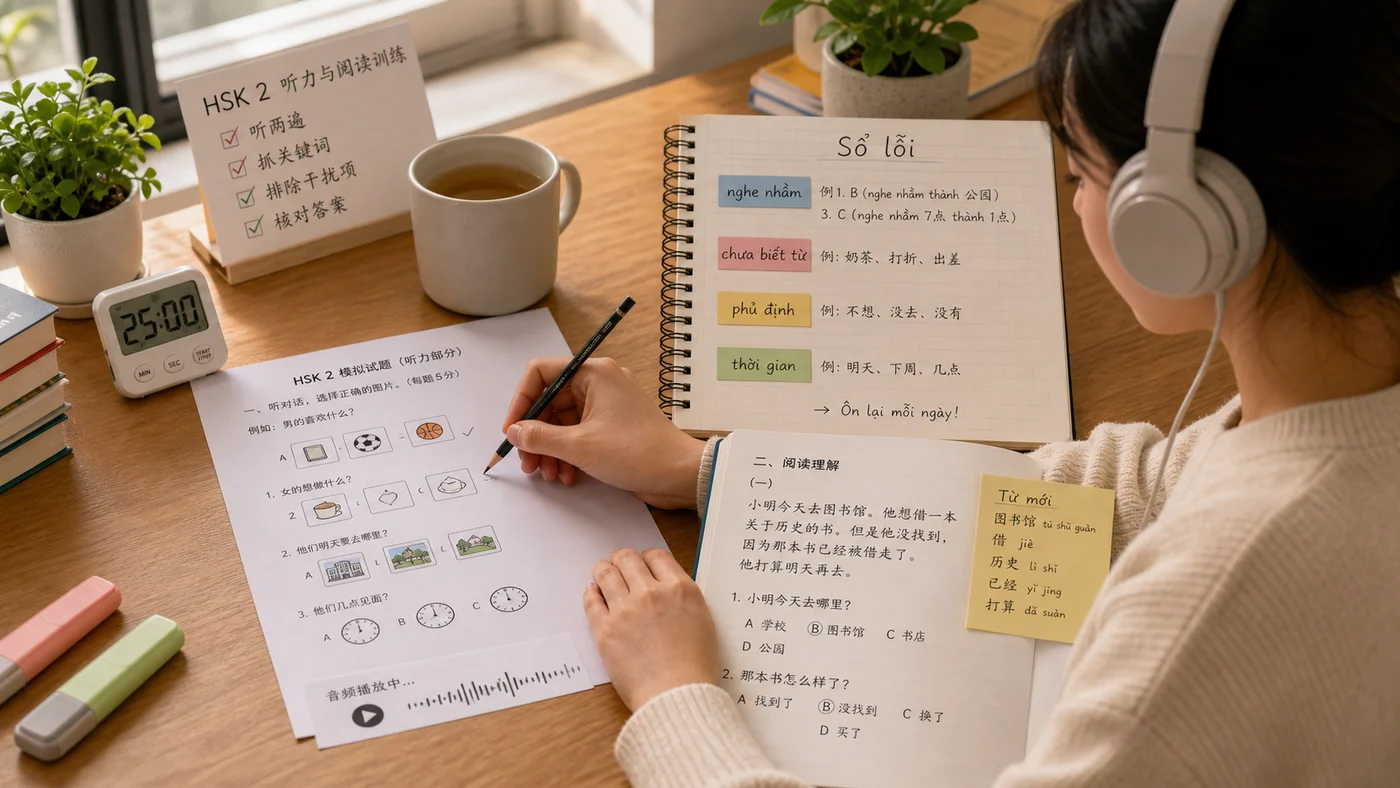 Người học HSK 2 luyện nghe đọc với tai nghe, đề mẫu và sổ ghi lỗi theo nhóm