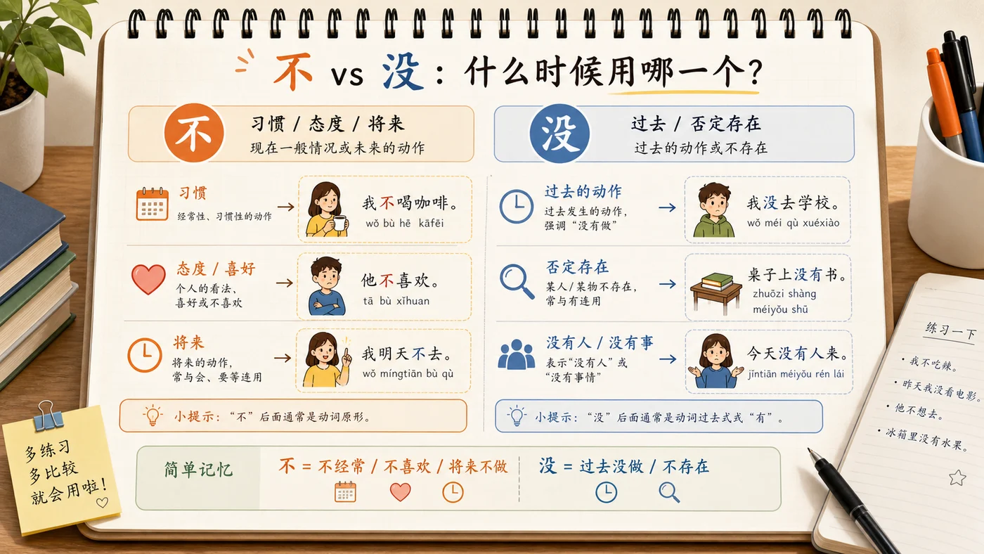 Bảng phân biệt cách dùng 不 và 没 trong tiếng Trung