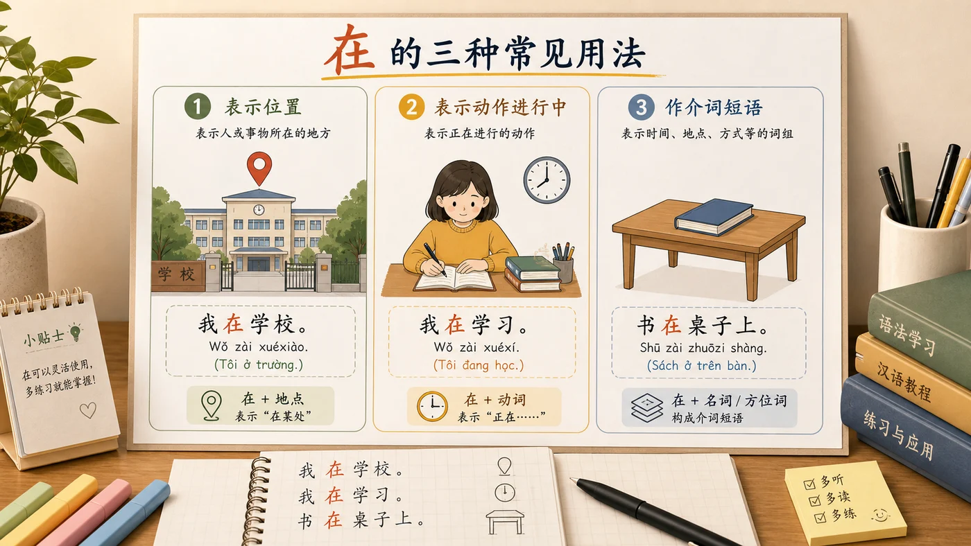 Ba cách dùng 在 trong tiếng Trung với ví dụ vị trí và đang làm gì