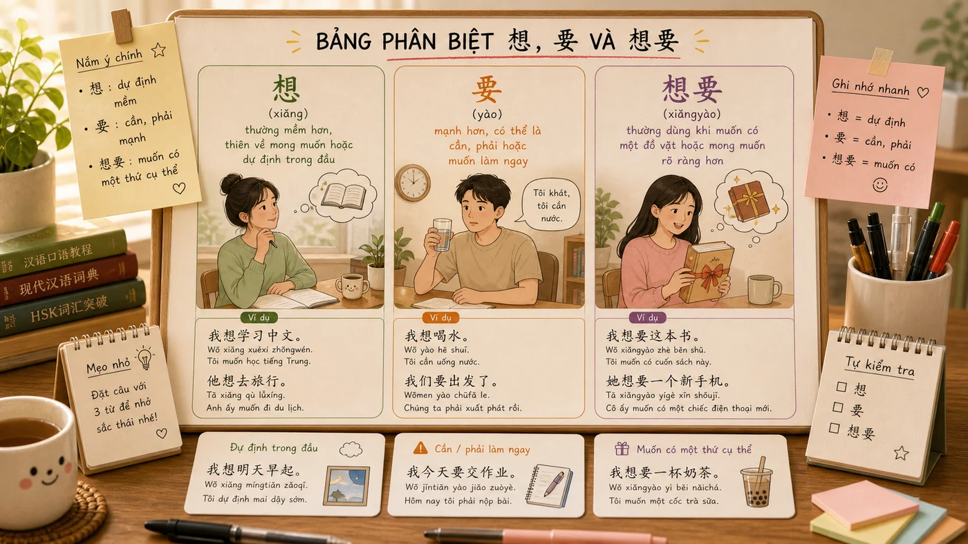 Bảng phân biệt 想 要 想要 theo mong muốn nhu cầu và đồ vật cụ thể