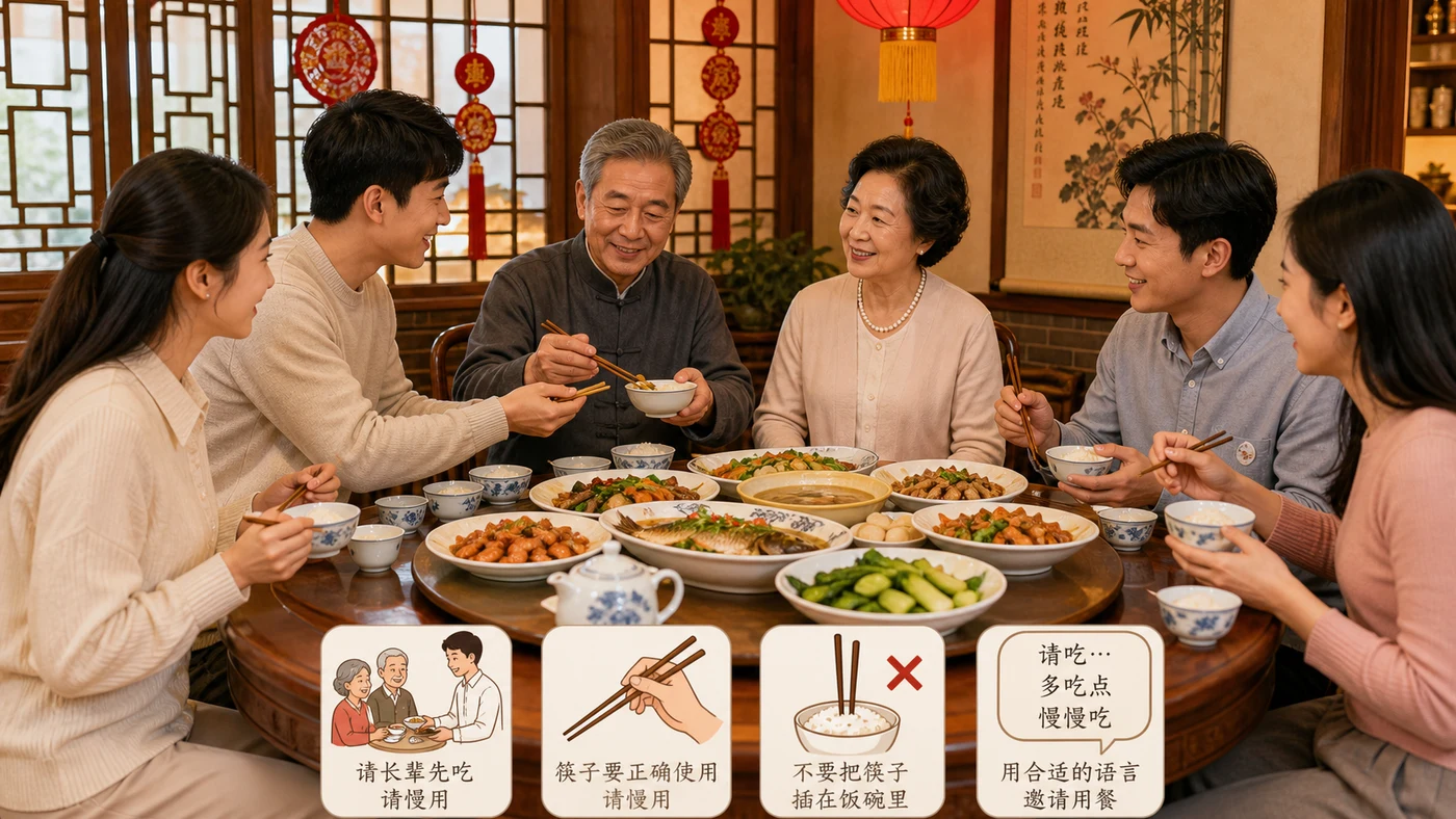 Văn hóa bàn ăn Trung Quốc: phép lịch sự, mời ăn và từ vựng cần biết minh họa phần kiến thức cốt lõi