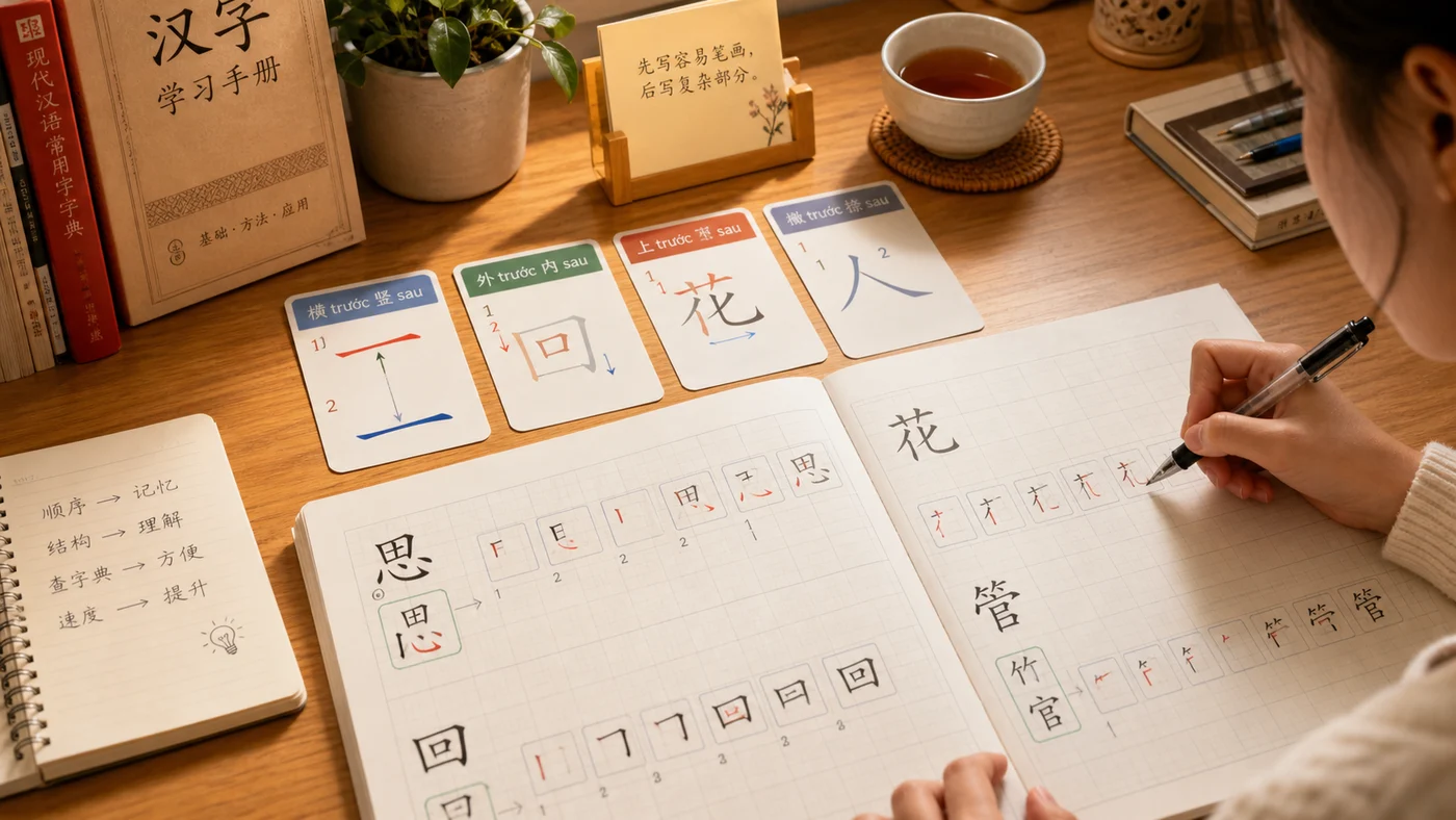 Bàn học minh họa các quy tắc thứ tự nét cơ bản khi viết chữ Hán
