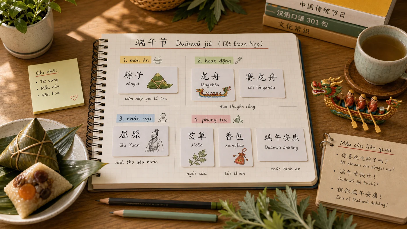 Bảng từ vựng tiếng Trung về Tết Đoan Ngọ gồm zongzi, thuyền rồng, Khuất Nguyên và lá ngải