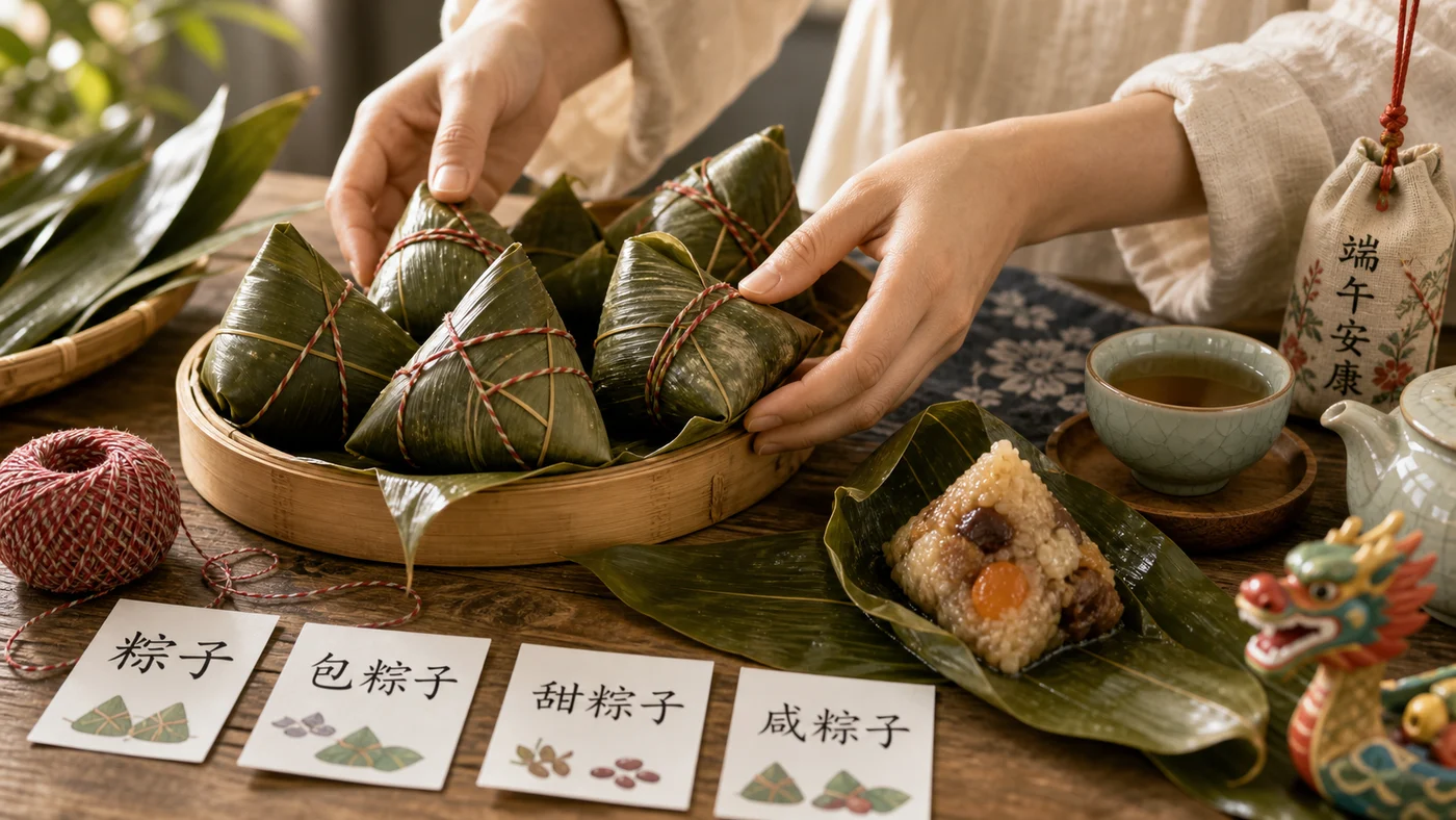 Bánh zongzi gói bằng lá tre đặt trên bàn cùng thẻ từ vựng Tết Đoan Ngọ tiếng Trung