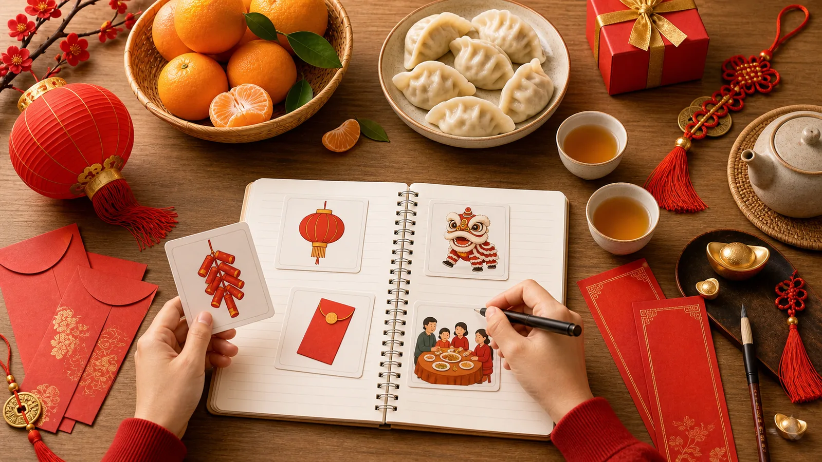 Từ vựng và biểu tượng Tết Nguyên Đán Trung Quốc như đèn lồng, lì xì, sủi cảo