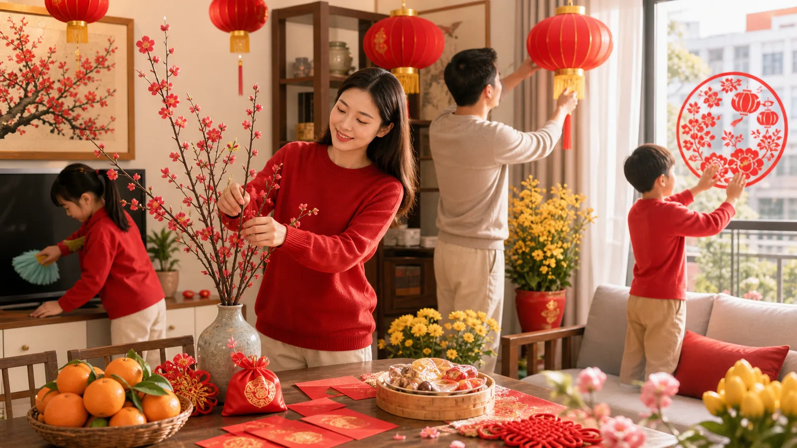Gia đình chuẩn bị trang trí nhà cửa trước Tết Nguyên Đán Trung Quốc