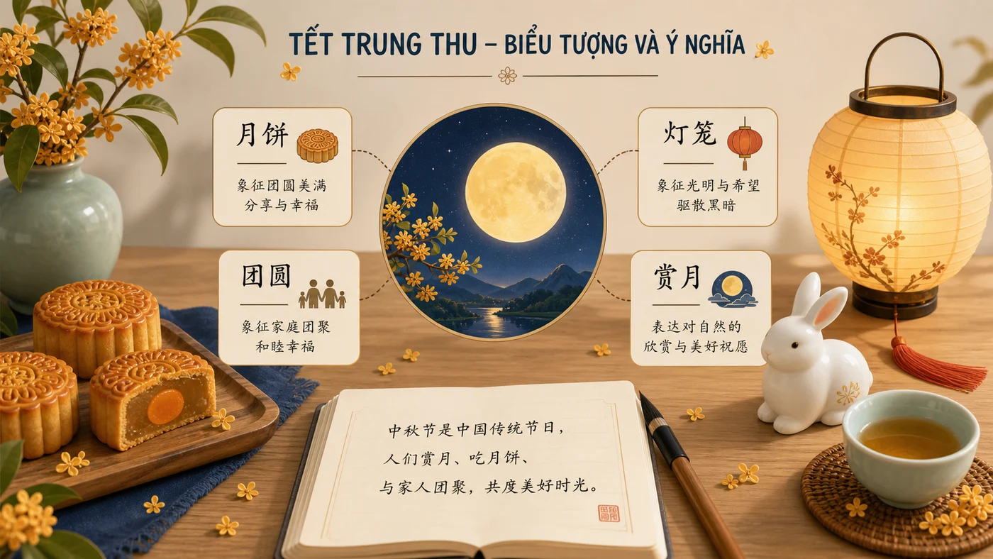Biểu tượng Tết Trung Thu Trung Quốc như bánh trung thu đèn lồng và ngắm trăng