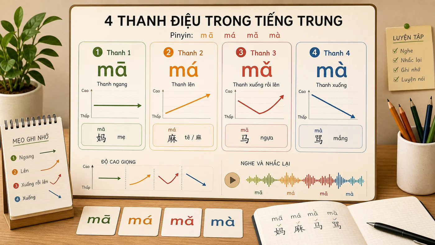 Bốn thanh điệu pinyin tiếng Trung cho người mới